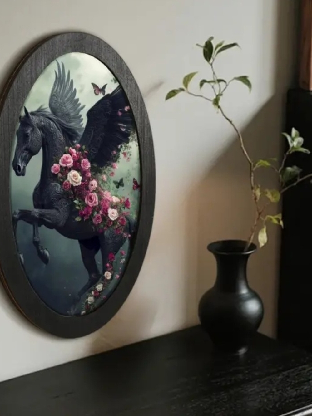 Dark Pegasus Wall Art with Pink Floral Accents